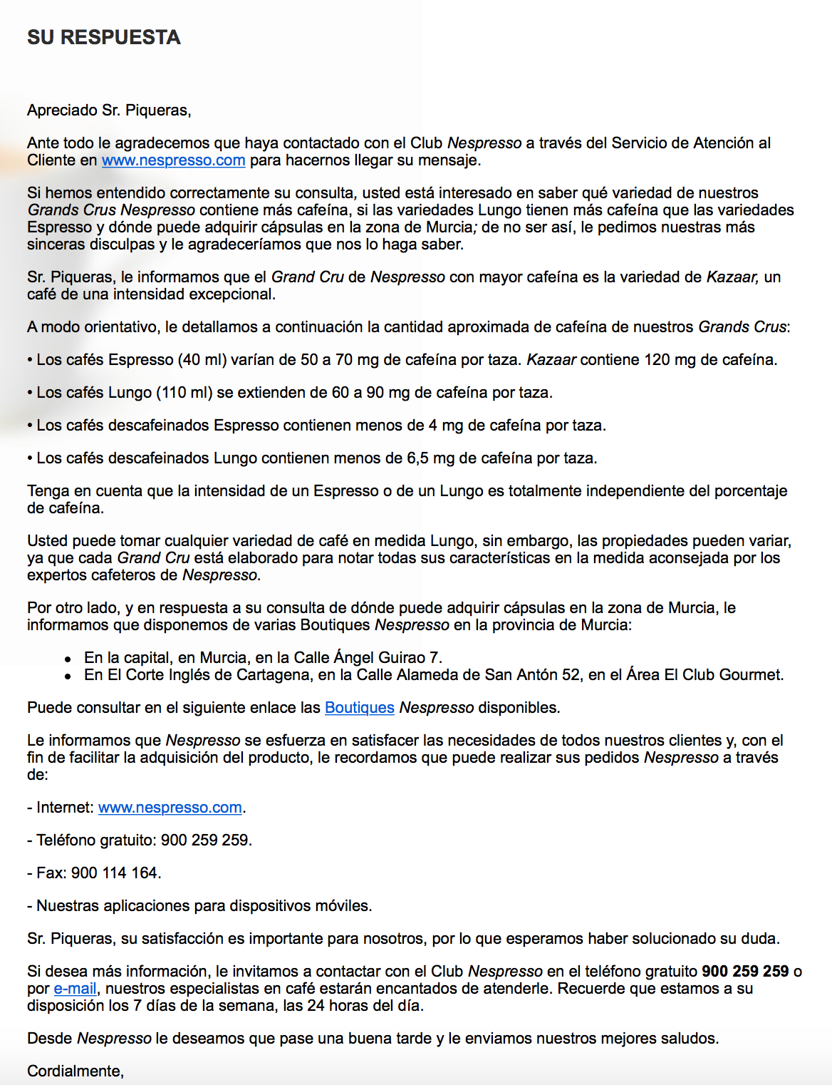 atencion al cliente por email